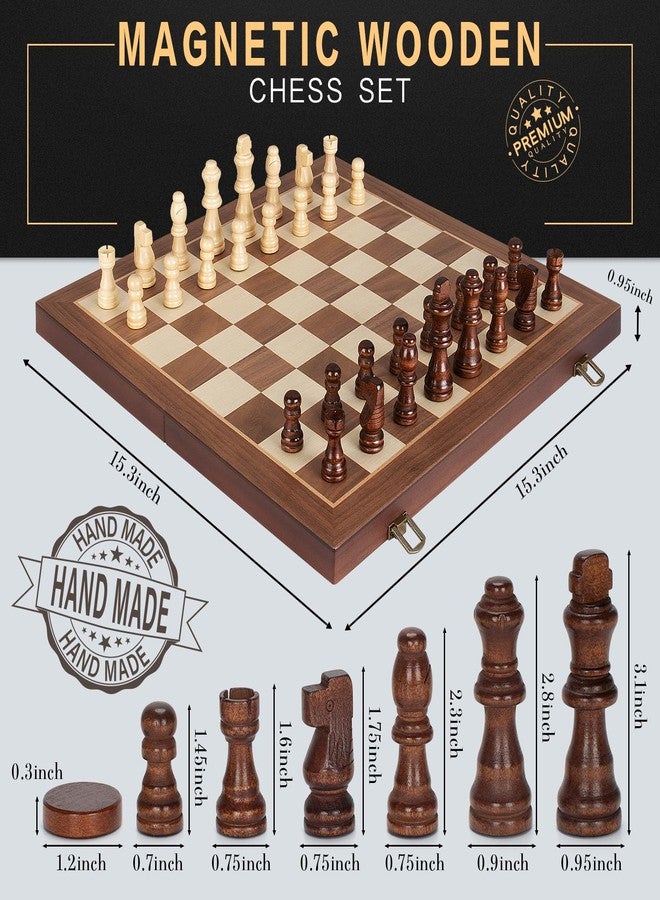 Jumlys 2 in 1 Magnetic Chess Set & Checkers Board Game, 15" Wooden Folding Chess Board with 2 Extra Queens, Portable Travel Chess Set with Pieces Storage Slots, Beginner Chess Board Game for Adults & Kids - Image 5